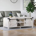 Farmhouse Coffee Table with Hidden Compartment and Cabinets Shelves Wood Rectangular Tables with Sliding Barn Doors for Living Room Reception (Wash White) U427