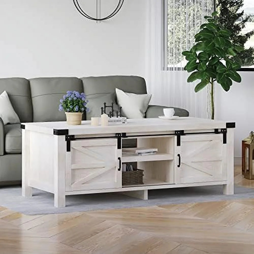 Farmhouse Coffee Table with Hidden Compartment and Cabinets Shelves Wood Rectangular Tables with Sliding Barn Doors for Living Room Reception (Wash White) U427