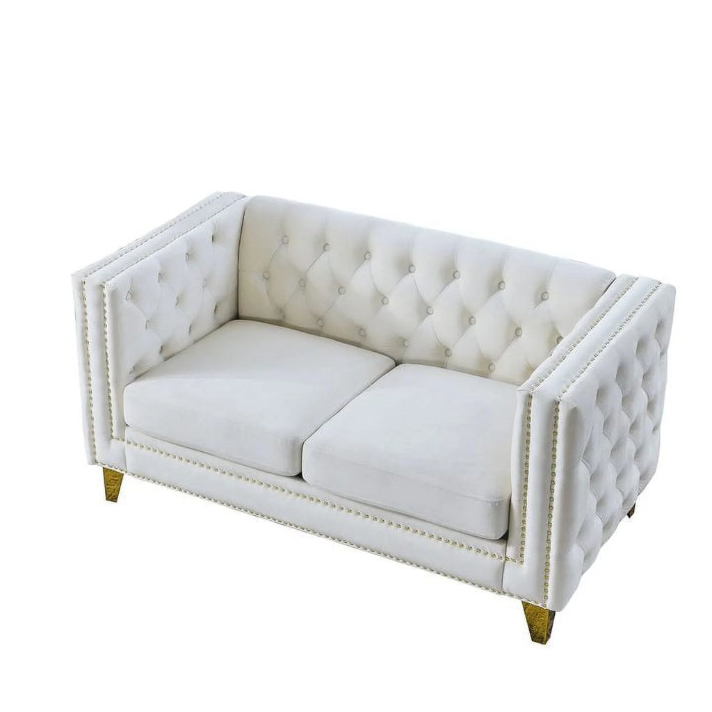 Beige Velvet 2 Seater Tufted Sofa V32079