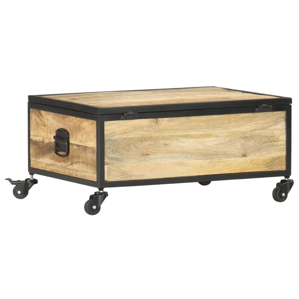 Mango Wood Coffee Table with Flip-up Door and 4 Rolling Wheels O208
