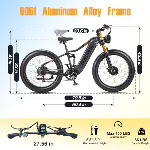 2000W Electric Bike 48V 30AH Removable Battery 26" Fat Tire Full Suspension S700