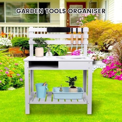 Wooden Potting Bench Table with 3 Side Hook Shelf U38802