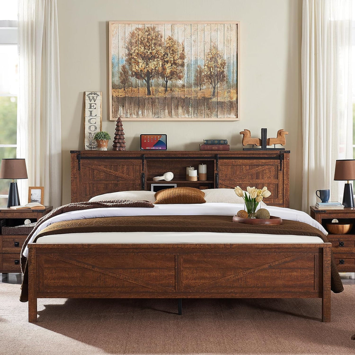 Full Platform Bed with Bookcase Headboard Storage and Charging Station X379780