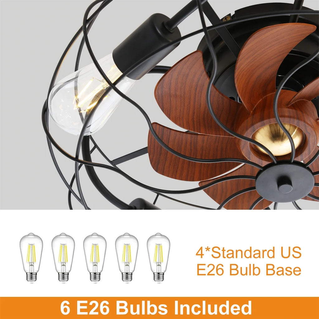 20" Industrial Flush Mount Bladeless Caged Ceiling Fan with Light and Remote C5668