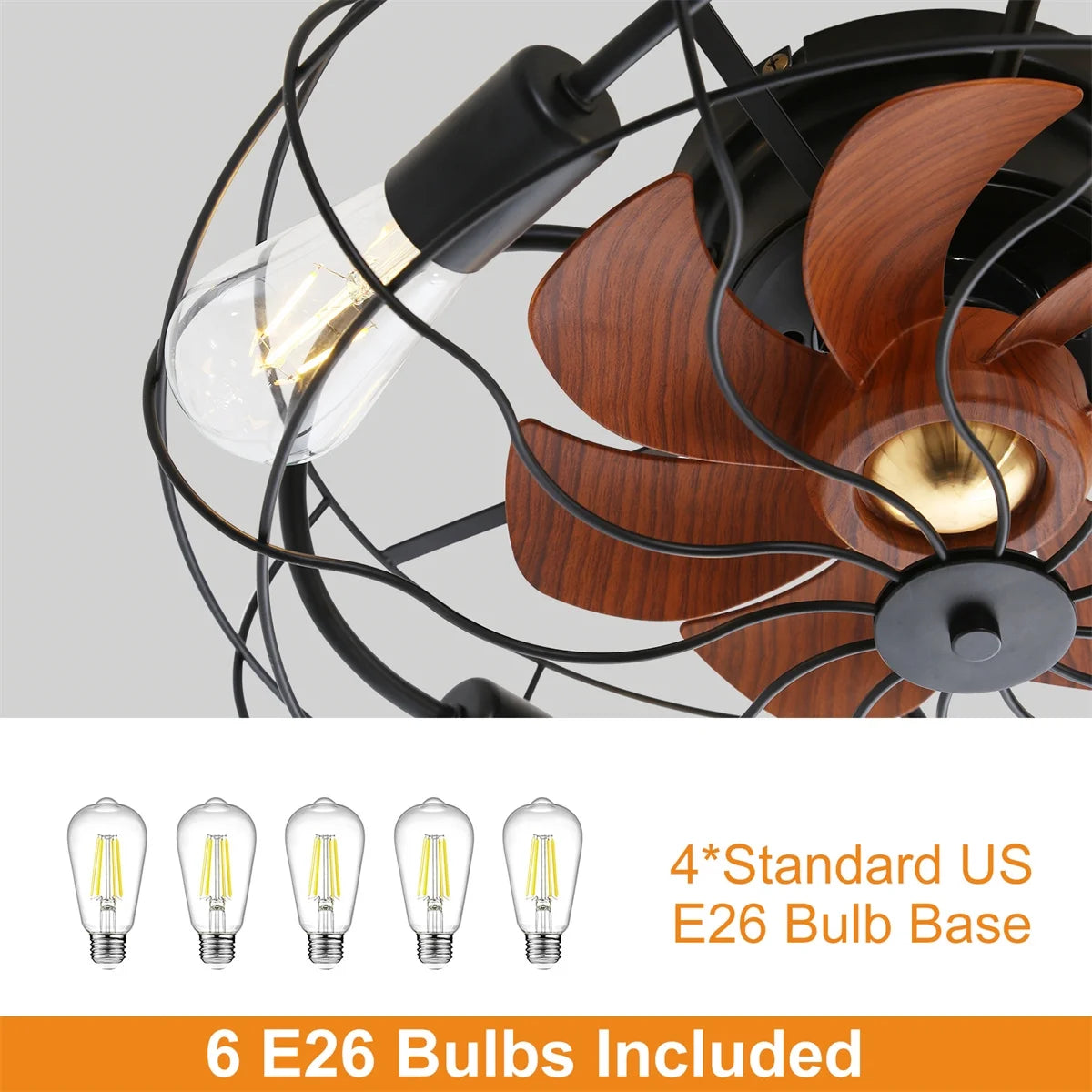 20" Industrial Flush Mount Bladeless Caged Ceiling Fan with Light and Remote C5668