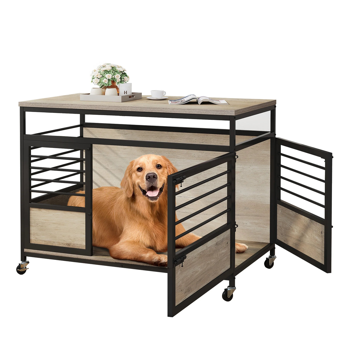 Grey Wooden Dog Crate Furniture with Wheels O253