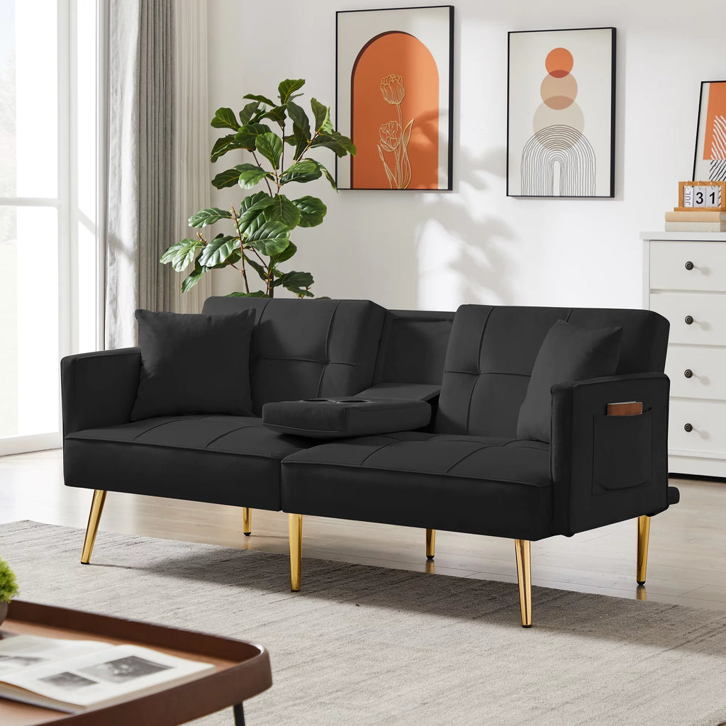 Black Velvet Convertible Futon Sofa Bed V930828