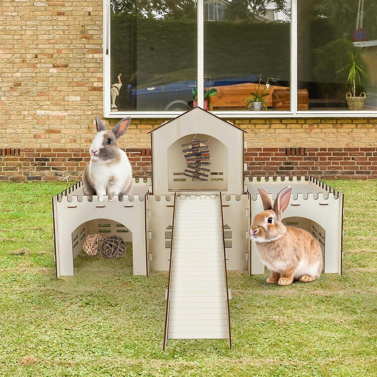 Large Wooden Rabbit Hideout with 3 Chew Toys & Staircase Q595049