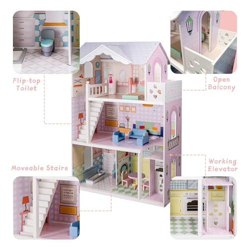 Large Wooden 3 Stories 6 Rooms Dollhouse with Elevator & Balcony R6997