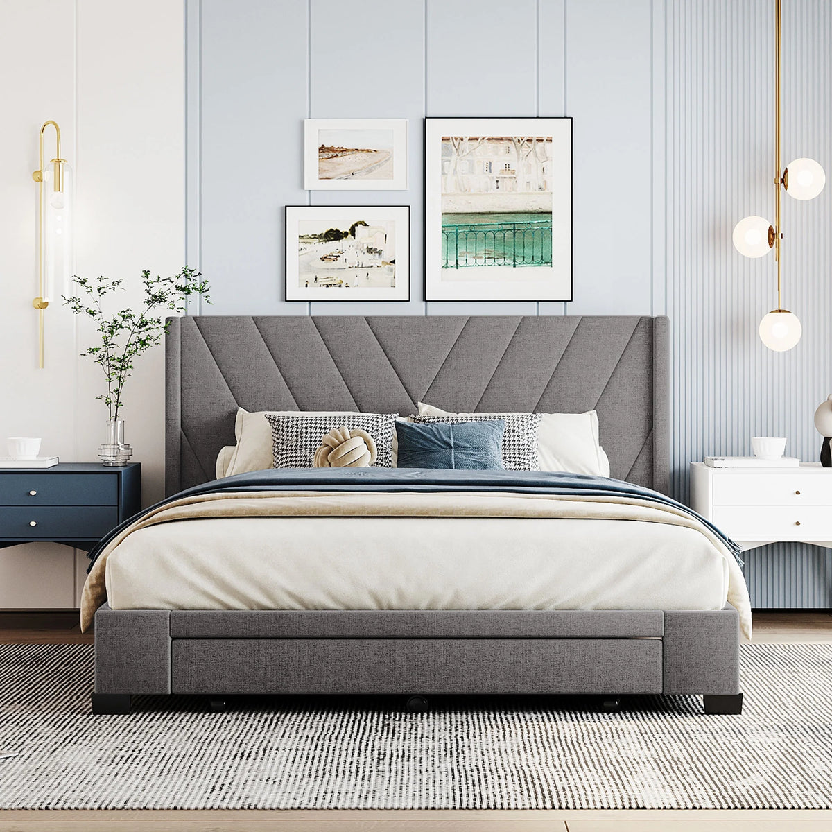 Queen Size Linen Upholstered Platform Bed with 3 Storage Drawers F60657