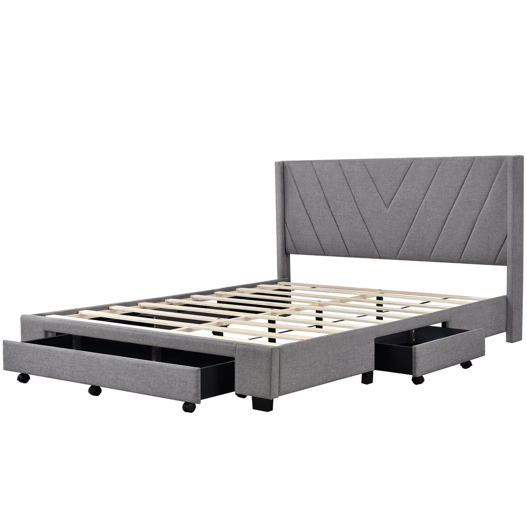 Queen Size Linen Upholstered Platform Bed with 3 Storage Drawers F60657