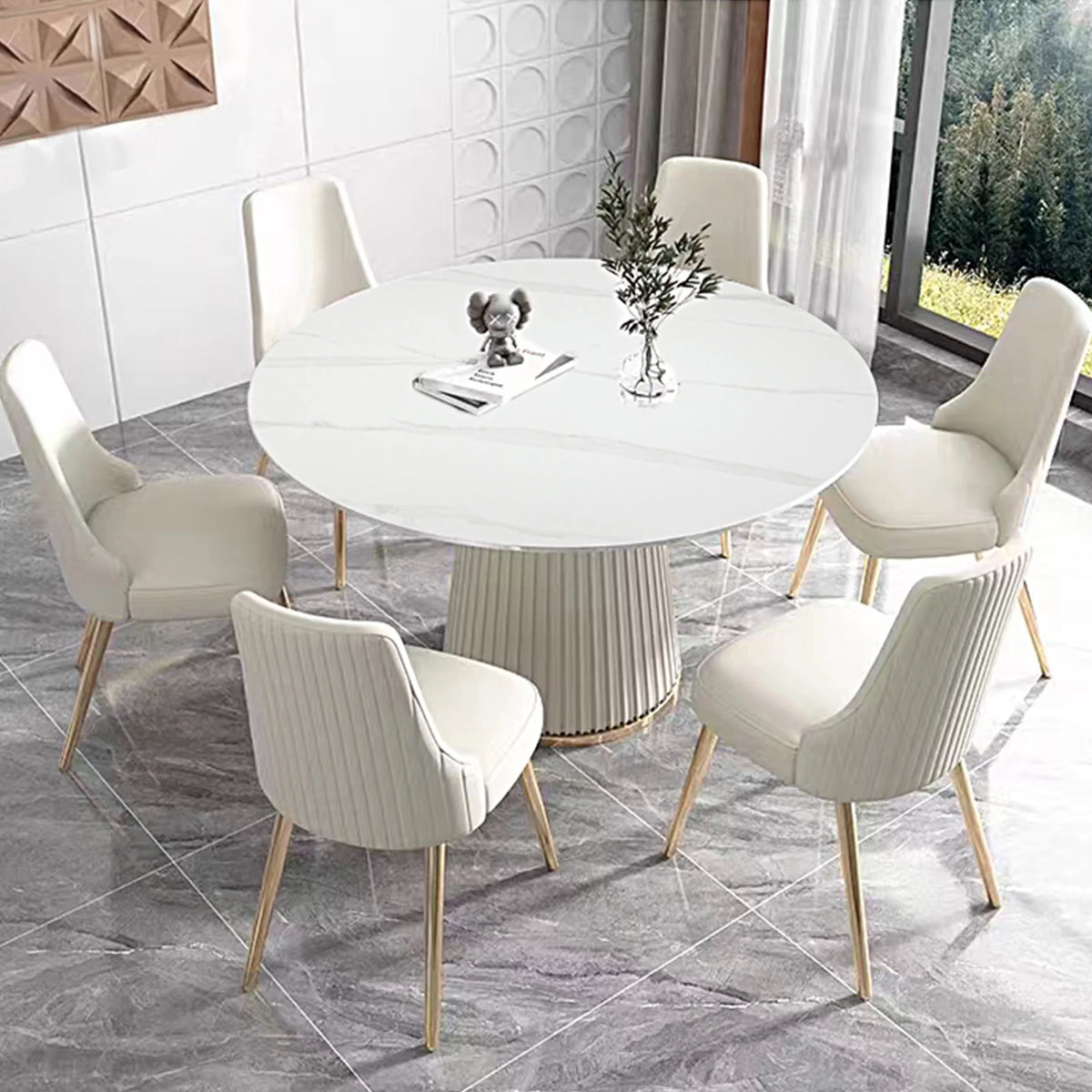White 7 Piece Faux Marble Dining Table Set J197676