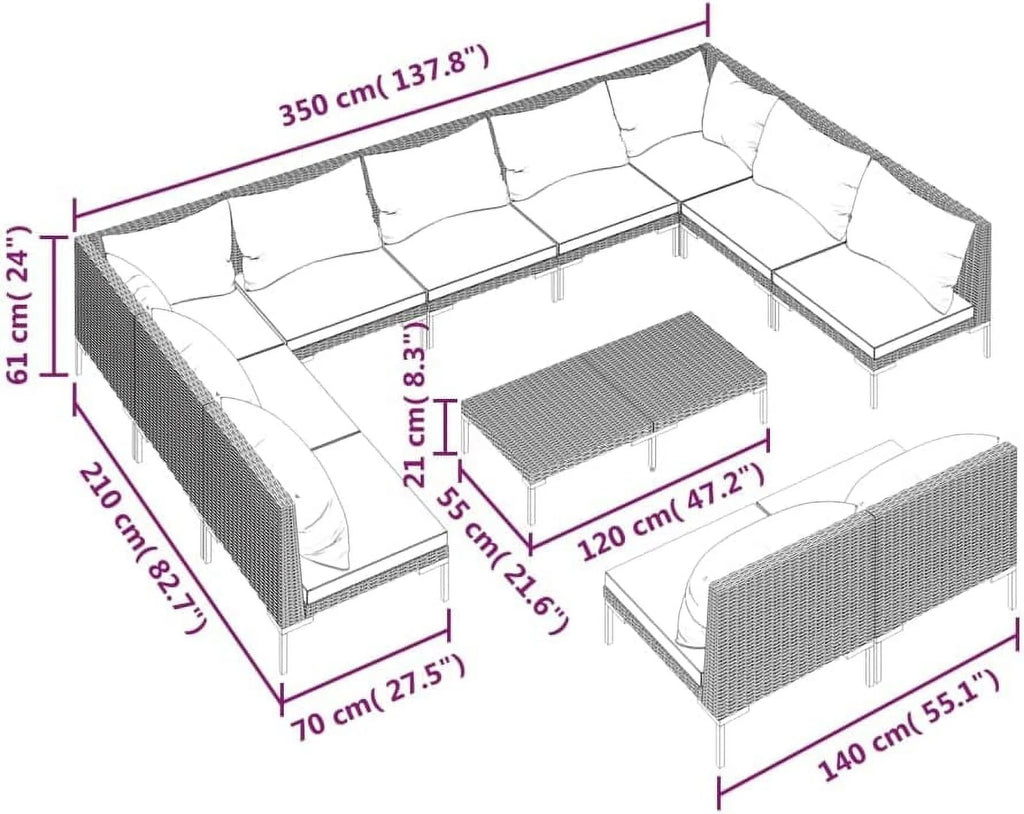 12 Piece Patio Lounge Set with Cushions Poly Rattan Dark Gray L455