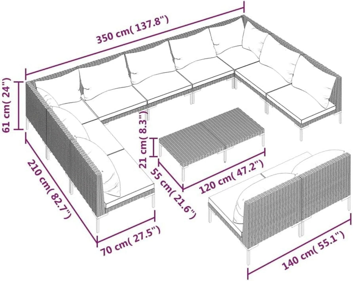 12 Piece Patio Lounge Set with Cushions Poly Rattan Dark Gray L455