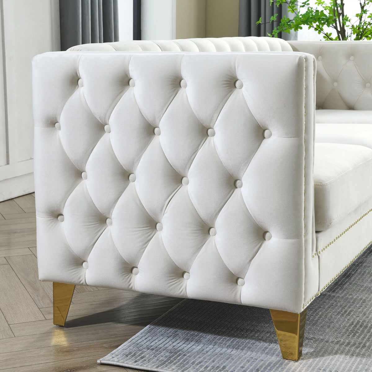 Beige Velvet 2 Seater Tufted Sofa V32079