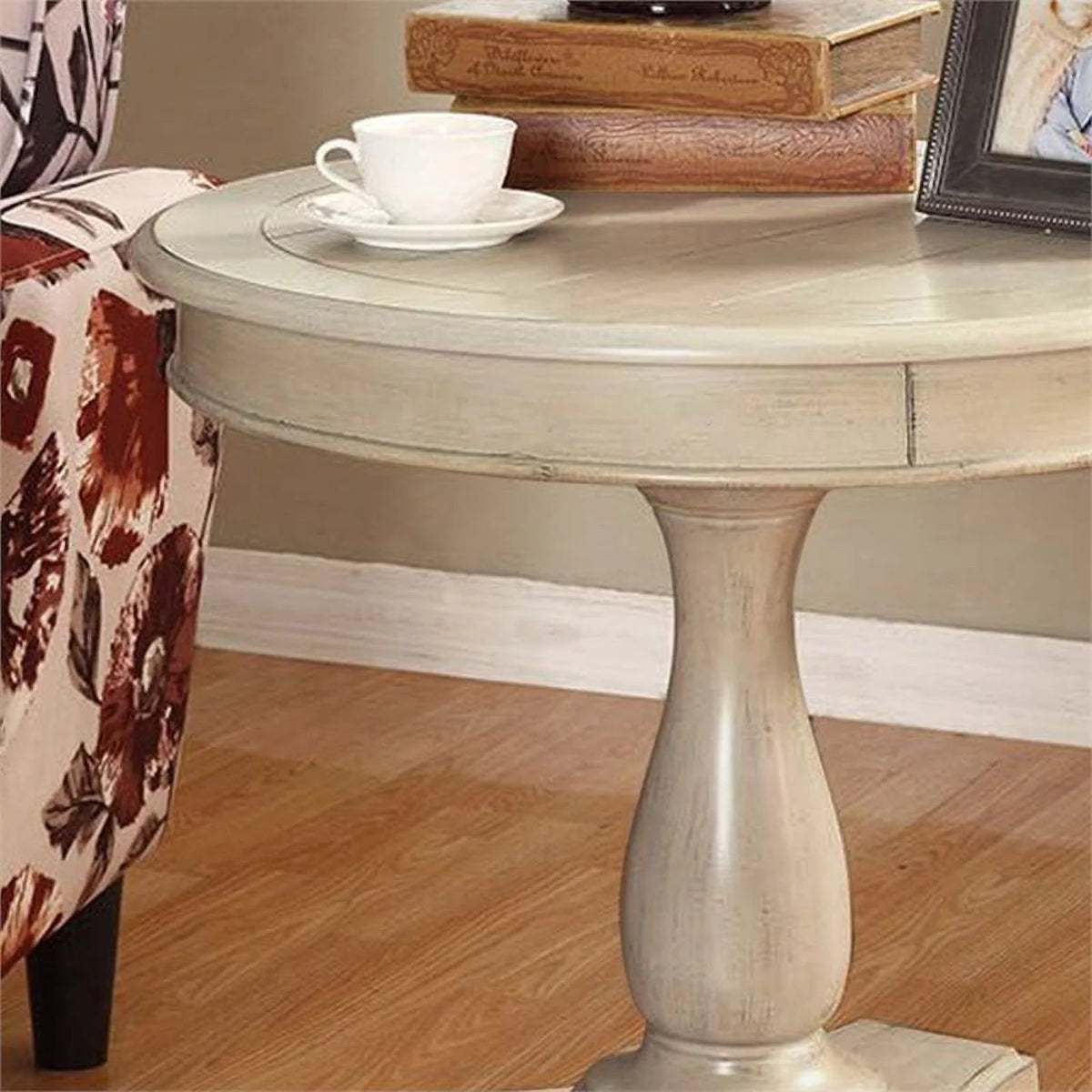 White Round Wood Pedestal End Table T6816