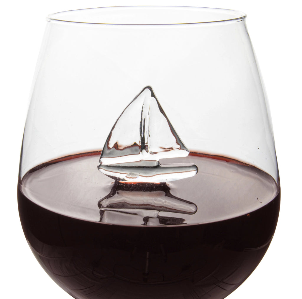 Sail Boat Wine Glass with 3D Sailboat and Nautical Anchor Design 2 PC Set 650ml Stemless L984