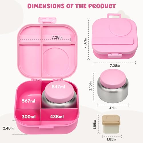 Bento Lunch Box for Kids, 4 Compartments, 12oz Soup Thermo, BPA Free, Leak proof, Blue G7467