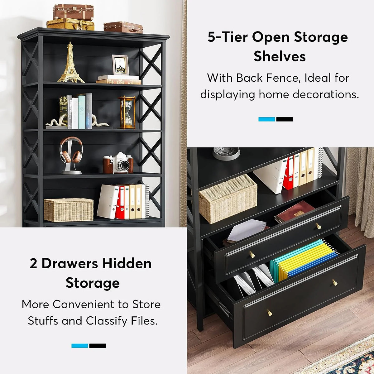 Black 5 Tier Bookshelf with 2 Drawers X7009
