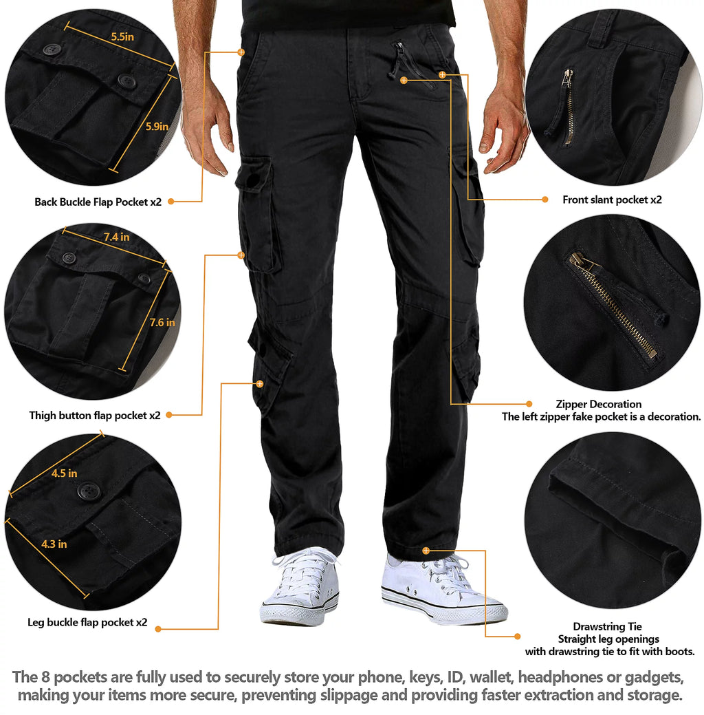 Black 8 Pockets Cotton Cargo Work Pants W608311