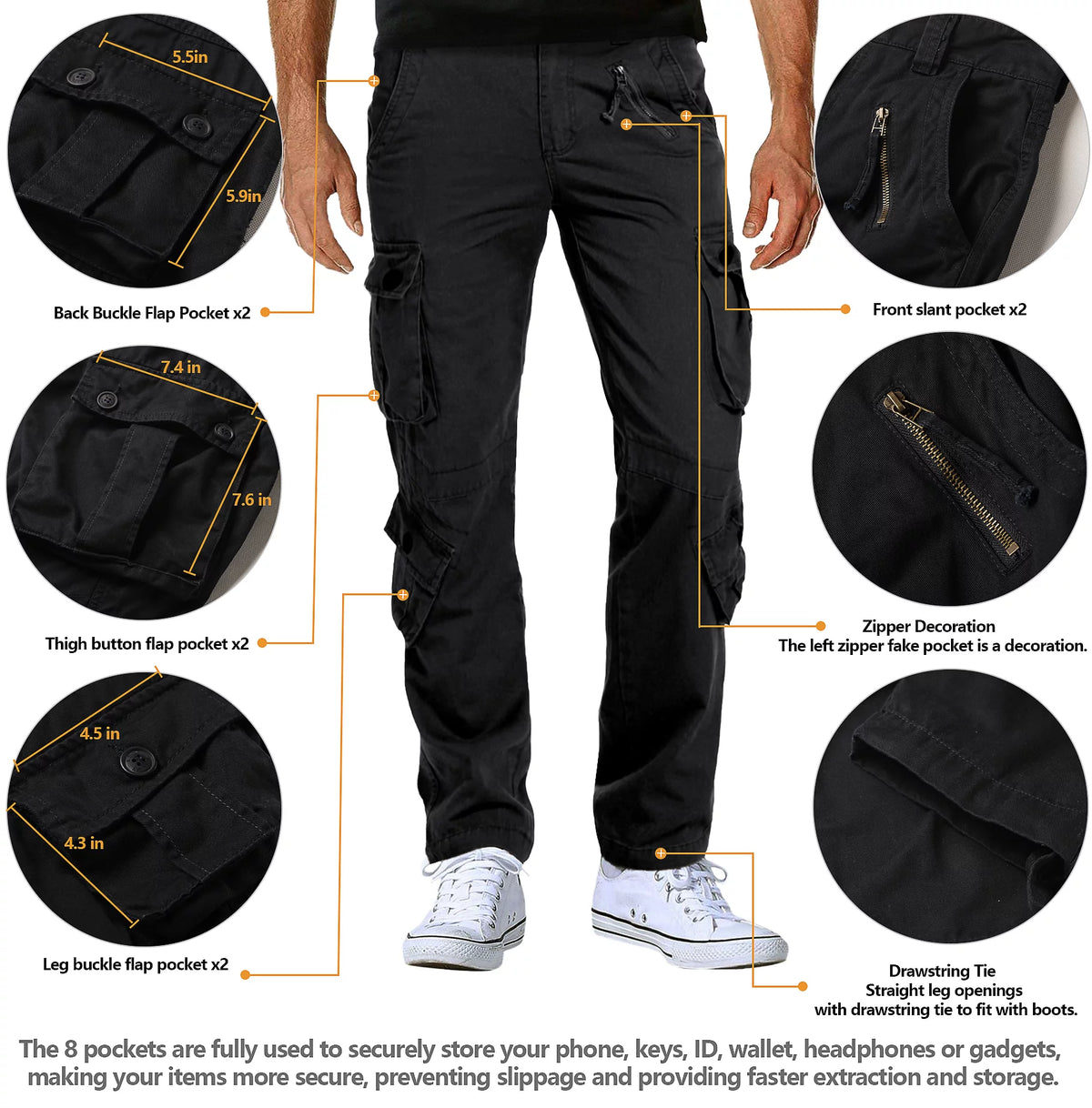 Black 8 Pockets Cotton Cargo Work Pants W608311