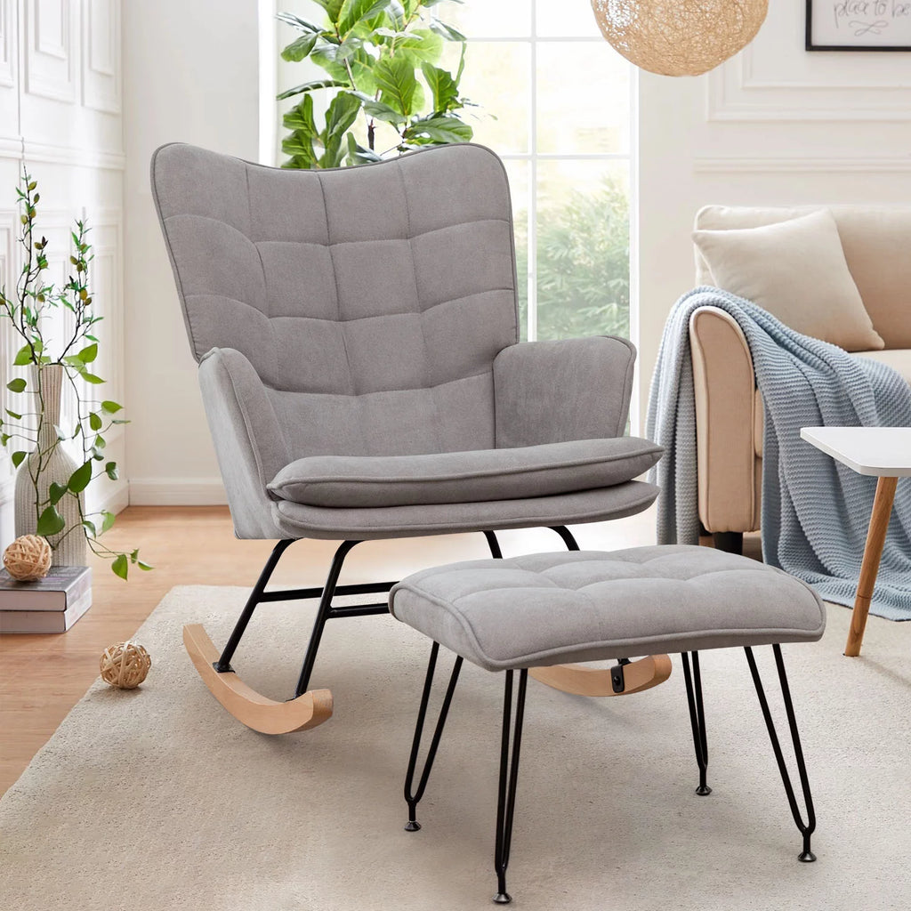 Gray Linen Fabric Rocking Chair with Ottoman H933