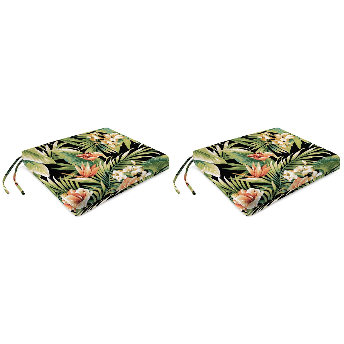 Black Leaves Rectangular Outdoor Chair Pad Seat Cushion with Ties, 2 Pack T820