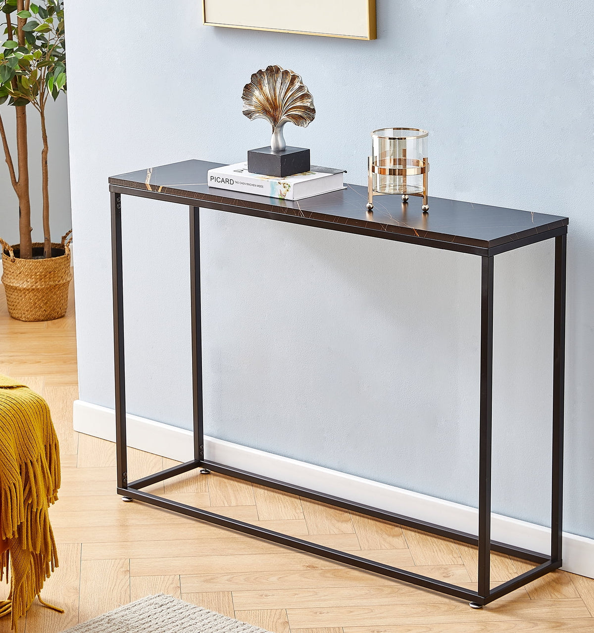 Black Narrow Console Table with Metal Frame and MDF Tabletop D3245
