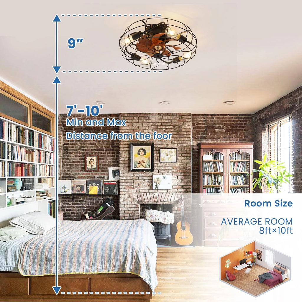 20" Industrial Flush Mount Bladeless Caged Ceiling Fan with Light and Remote C5668