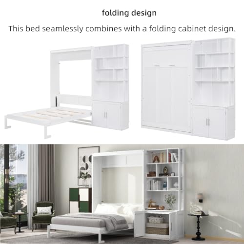 Full Size Solid Wood Foldable Murphy Bed Cabinet with Storage Shelves Y291768