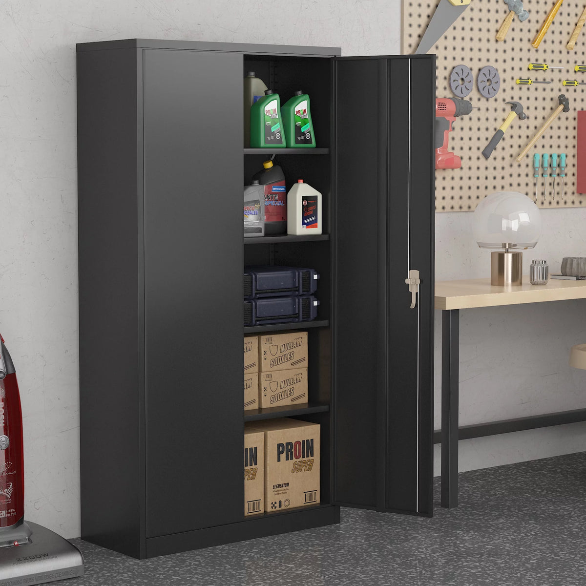 Black Metal Storage Cabinet with 4 Adjustable Shelves J46482