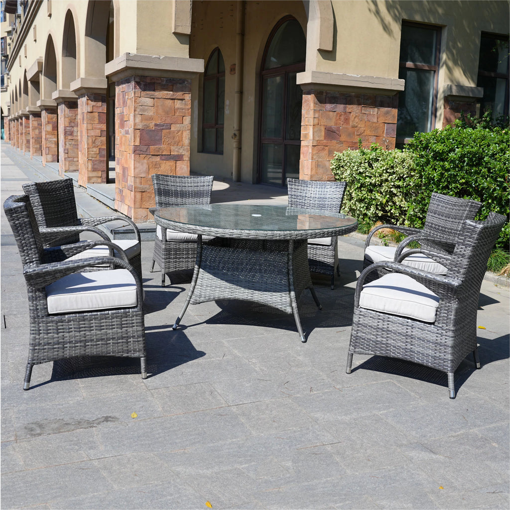 7 Piece Patio Dining Set with Rattan Chairs and Cushions, Grey B738297