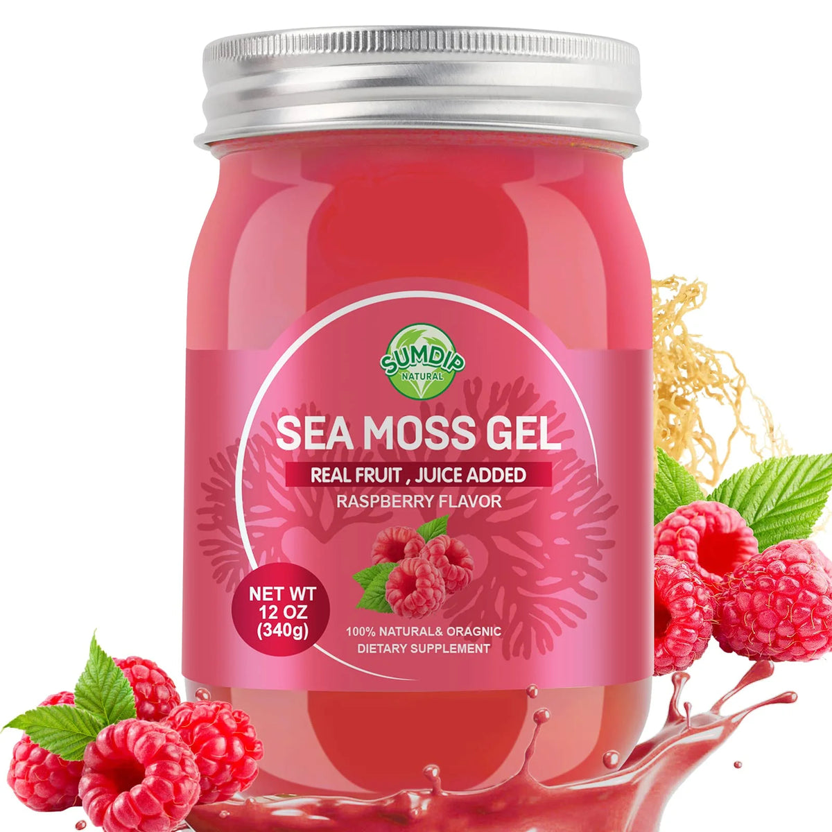Organic Raw Wildcrafted Irish Seamoss Gel Raspberry 12oz W791