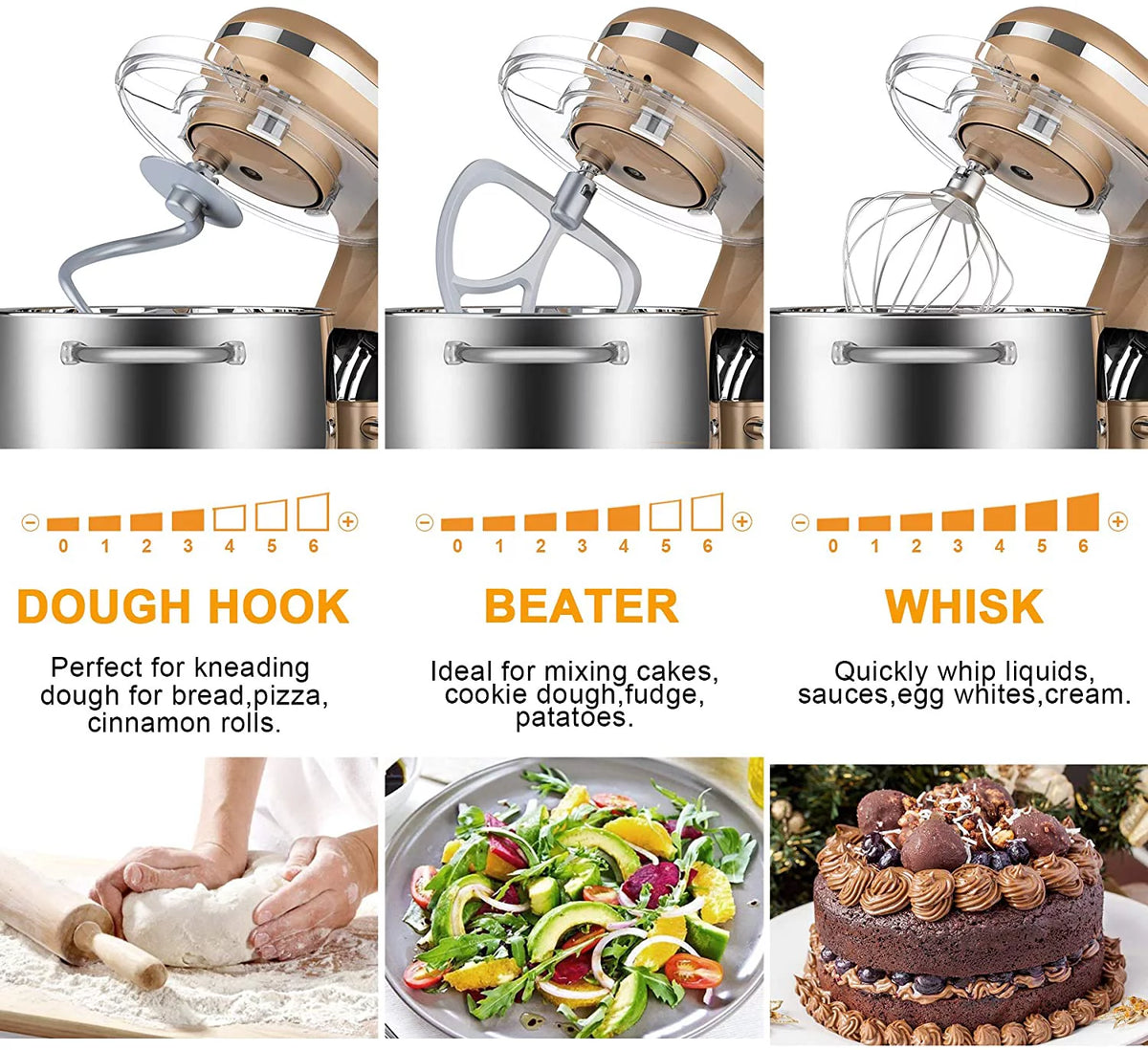 8.45 QT 660W Stand Mixer with Dough Hook, Whisk, Beater S75350