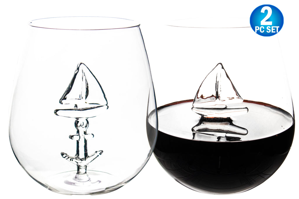 Sail Boat Wine Glass with 3D Sailboat and Nautical Anchor Design 2 PC Set 650ml Stemless L984