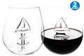 Sail Boat Wine Glass with 3D Sailboat and Nautical Anchor Design 2 PC Set 650ml Stemless L984