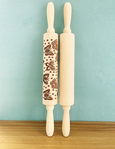 Wooden Embossed Rolling Pin with Butterfly Pattern R253294