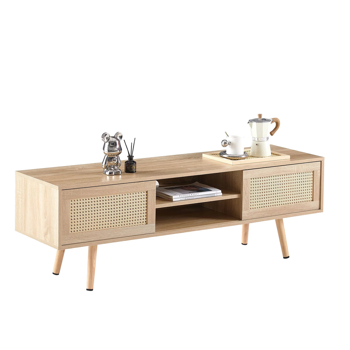 55.12" Rattan TV Cabinet with Sliding Doors and Adjustable Shelf X744723