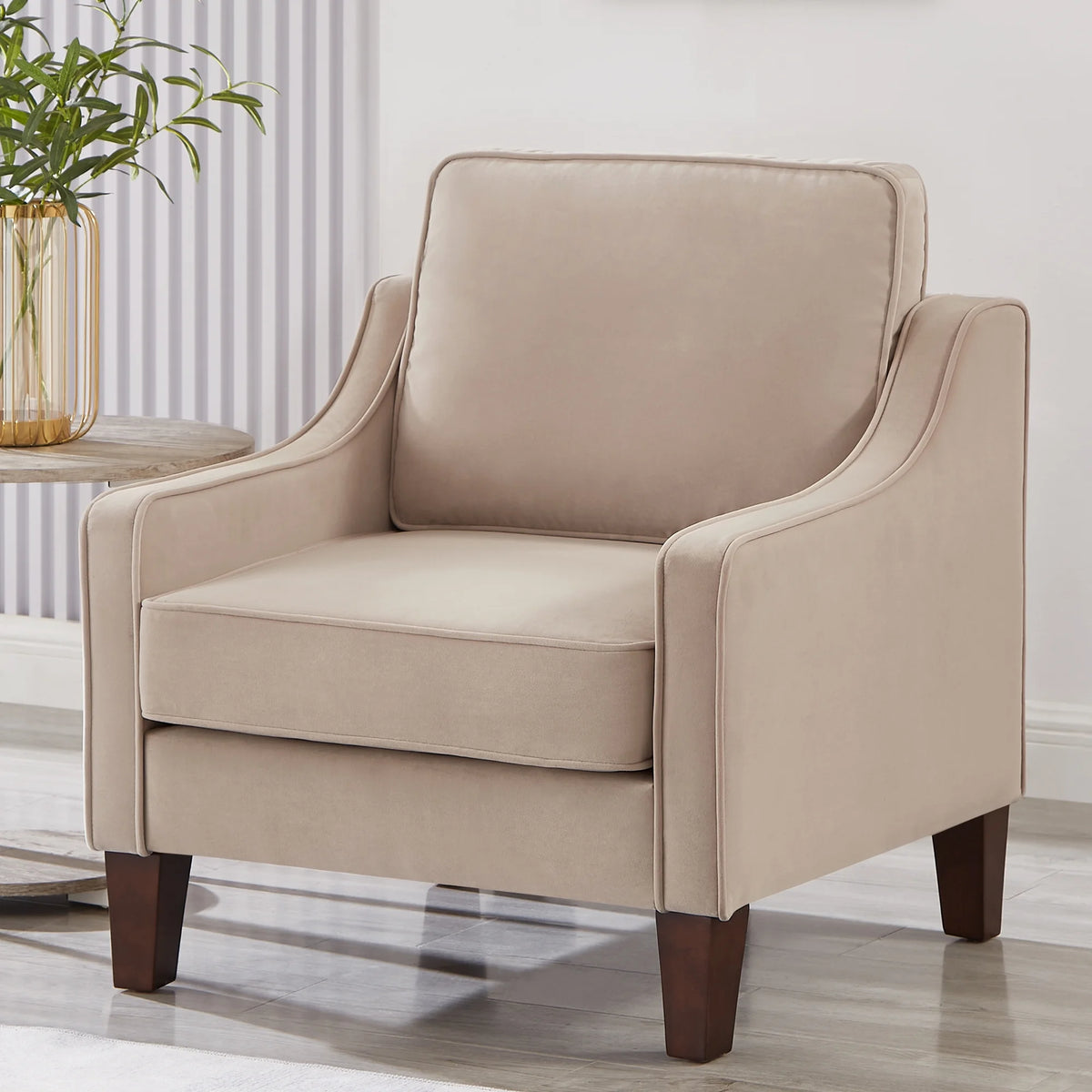 Taupe Velvet Upholstered Armchair with Wooden Legs G991573