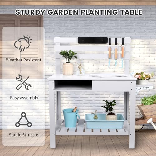 Wooden Potting Bench Table with 3 Side Hook Shelf U38802
