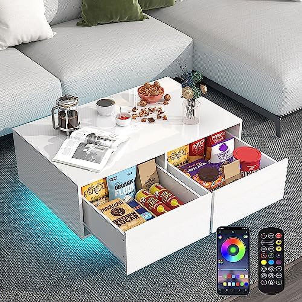 LED Coffee Table with 4 Sliding Drawers White P7835