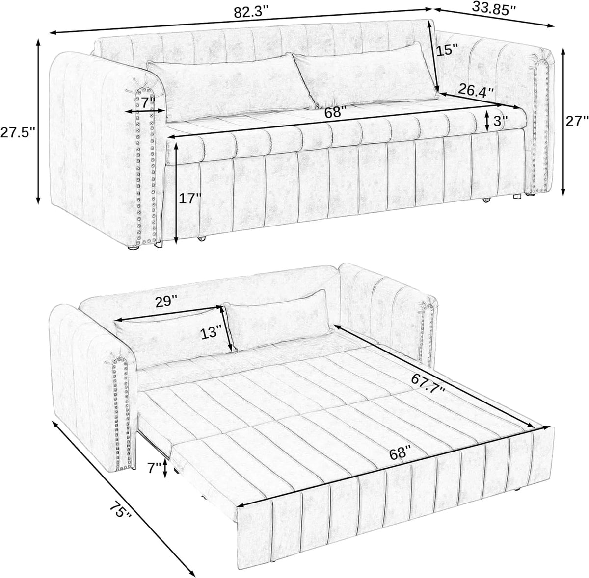 Black 3-in-1 Convertible Sleeper Sofa Bed with Two Drawers and Two Pillows Y47500
