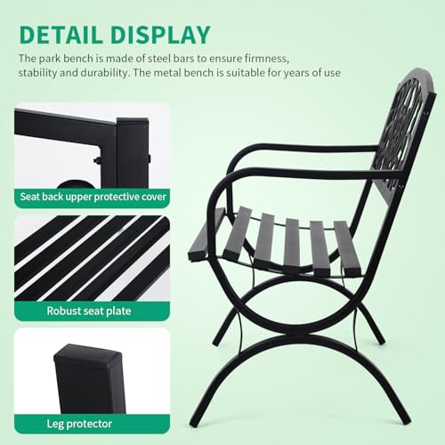 Metal Outdoor Bench with Plastic Mesh Backrest and Armrests Black B2397