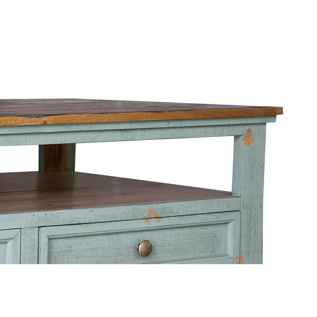 50 Inch 4 Drawers Teal Blue Pine Wood Coffee Table G31080