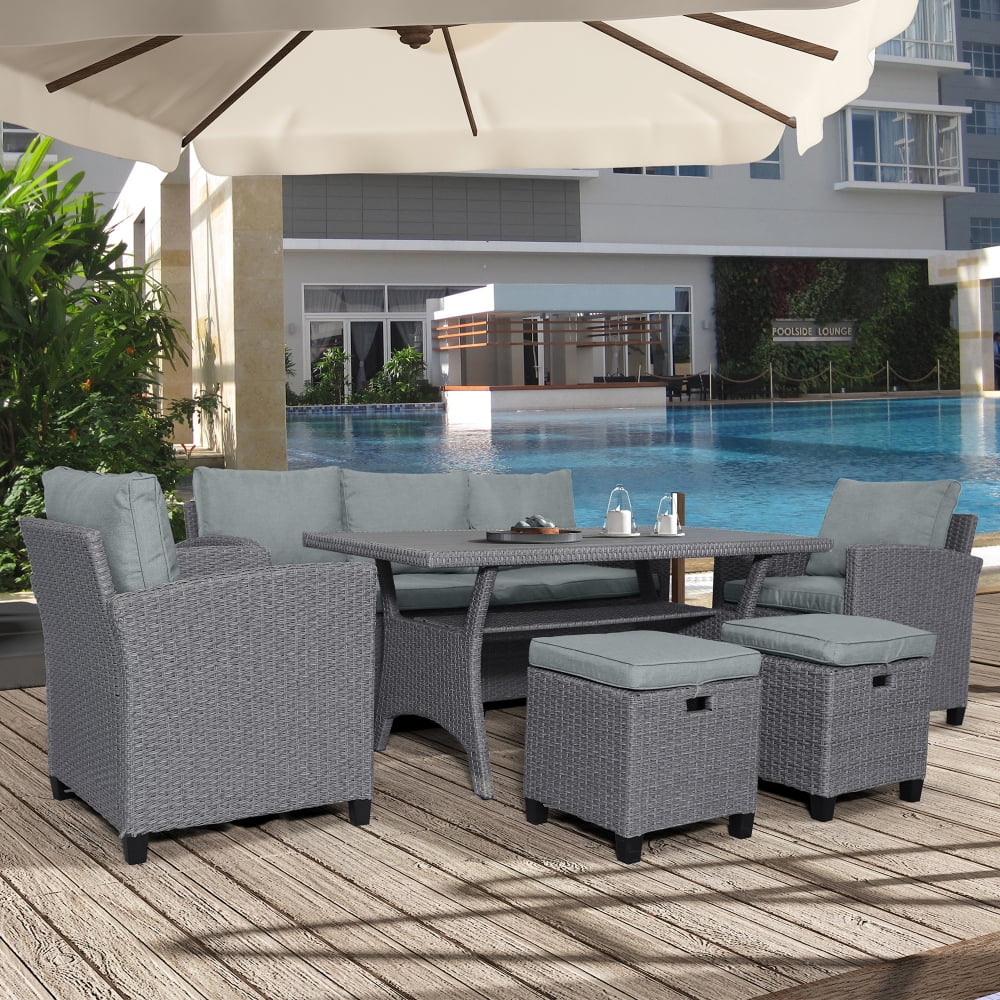 6-Piece Outdoor Rattan Wicker Sofa Chair Stools and Table L34380
