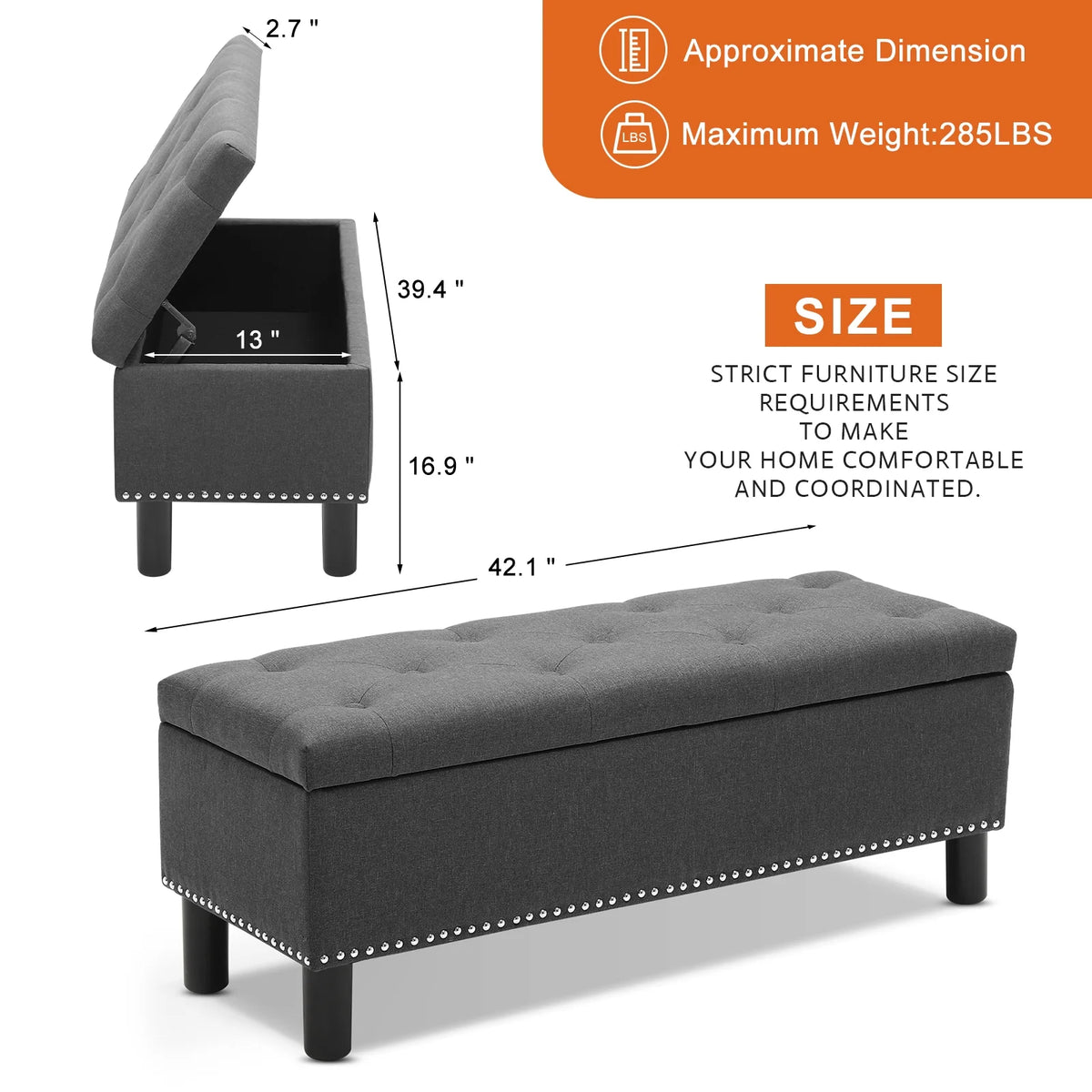 Dark Grey Upholstered Storage Ottoman Bench C82817