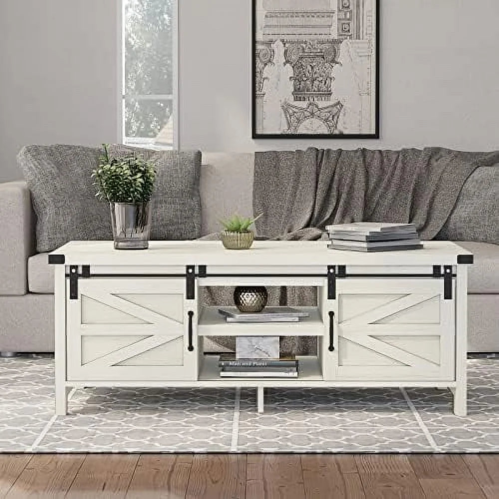 Farmhouse Coffee Table with Hidden Compartment and Cabinets Shelves Wood Rectangular Tables with Sliding Barn Doors for Living Room Reception (Wash White) U427