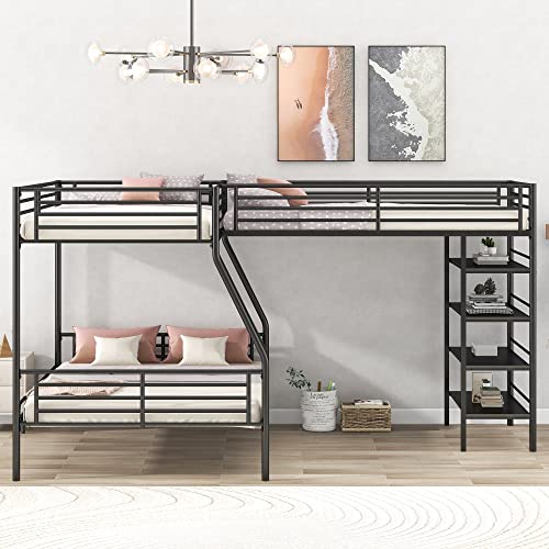 Black Metal Twin Size L-Shaped Loft Bed with Two Built-in Desks R1776