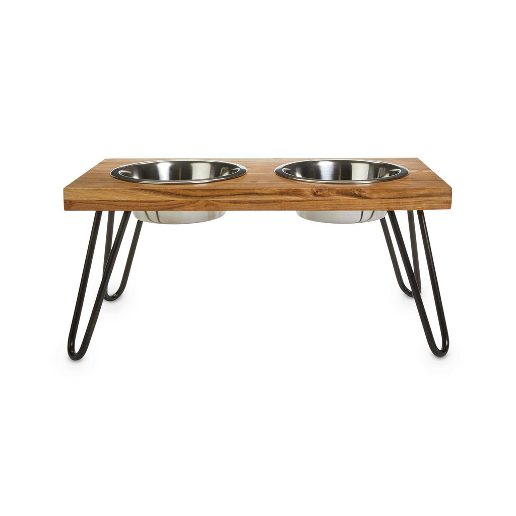 Elevated Wood Double Diner with Stainless-Steel Bowls B477