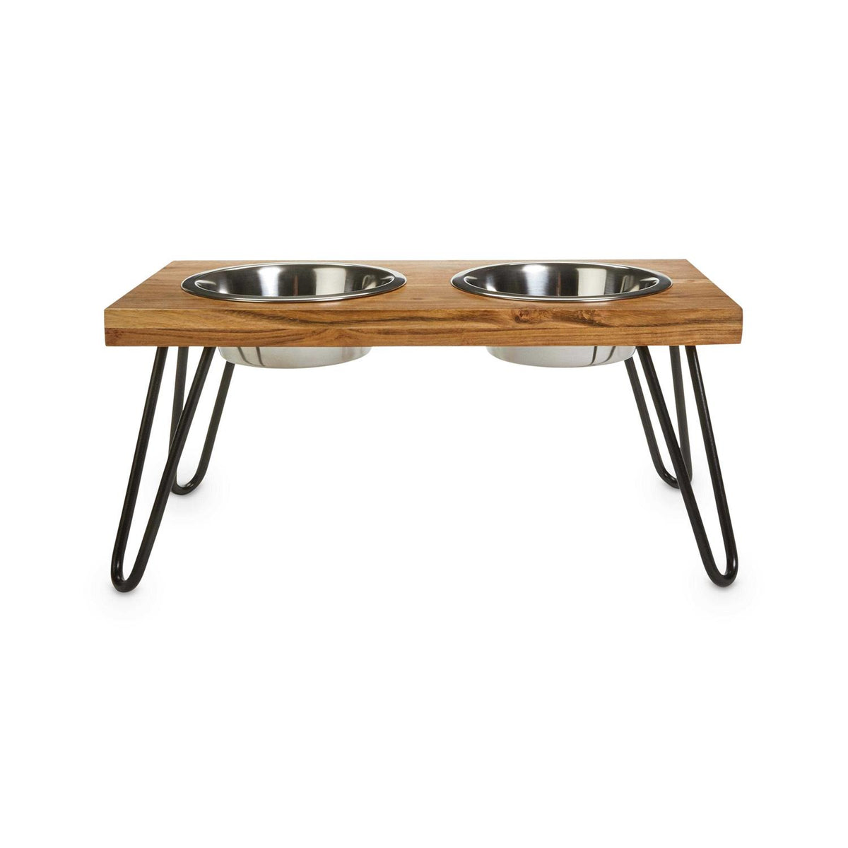 Elevated Wood Double Diner with Stainless-Steel Bowls B477